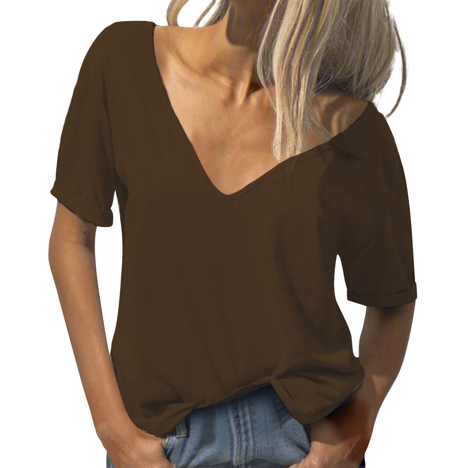 Brown T Shirts For Women's Fashion Deep V Neck Short Sleeve