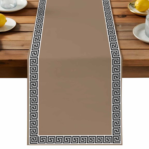 Brown Table Runner, Greek Chinese Style Cotton Linen Table Cloth, Border Geometric Tablerunner for Kitchen Dining Party Wedding Home Decor 13x36 Inch