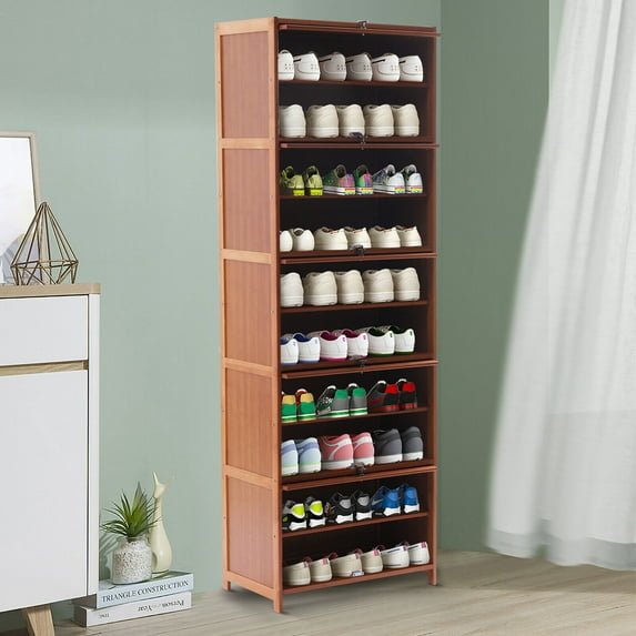 Brown Tall Bamboo Shoe Cabinet Brown Entryway Shoe Rack Floor Mount Shoe Cabinet for Placing Door, Living Room