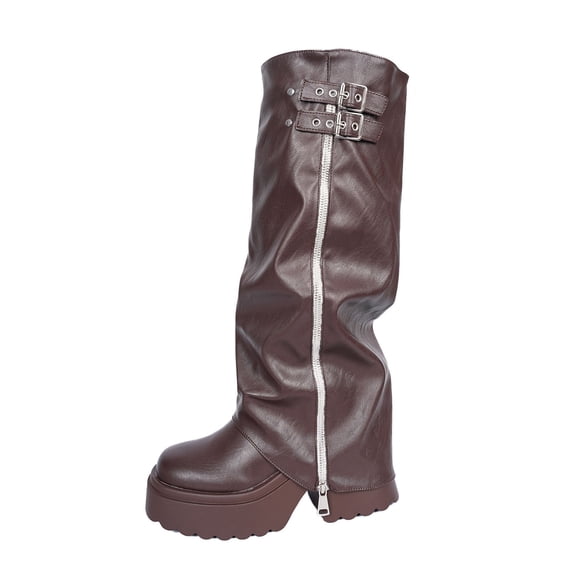 Brown Tall Boots For Womens Round Toe Chunky Heel Knee High Winter Raised Sole Slouchy Shaft Casual Versatile Trendy Non-Slip Daily Wear Footwear Size 39