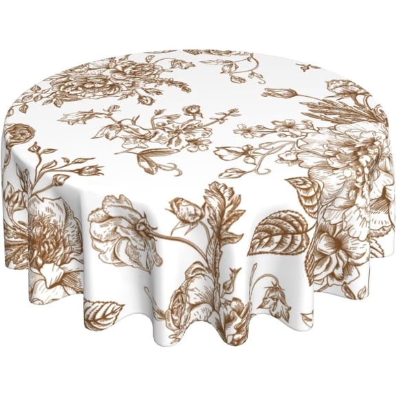 Brown Tan Floral Tablecloth 70 x 70 Inch Round Chinoiserie Flowers Decorative Table Cloth Rustic Fabric Farmhouse Washable Table Cover for Picnic Party Holiday Home Indoor Outdoor