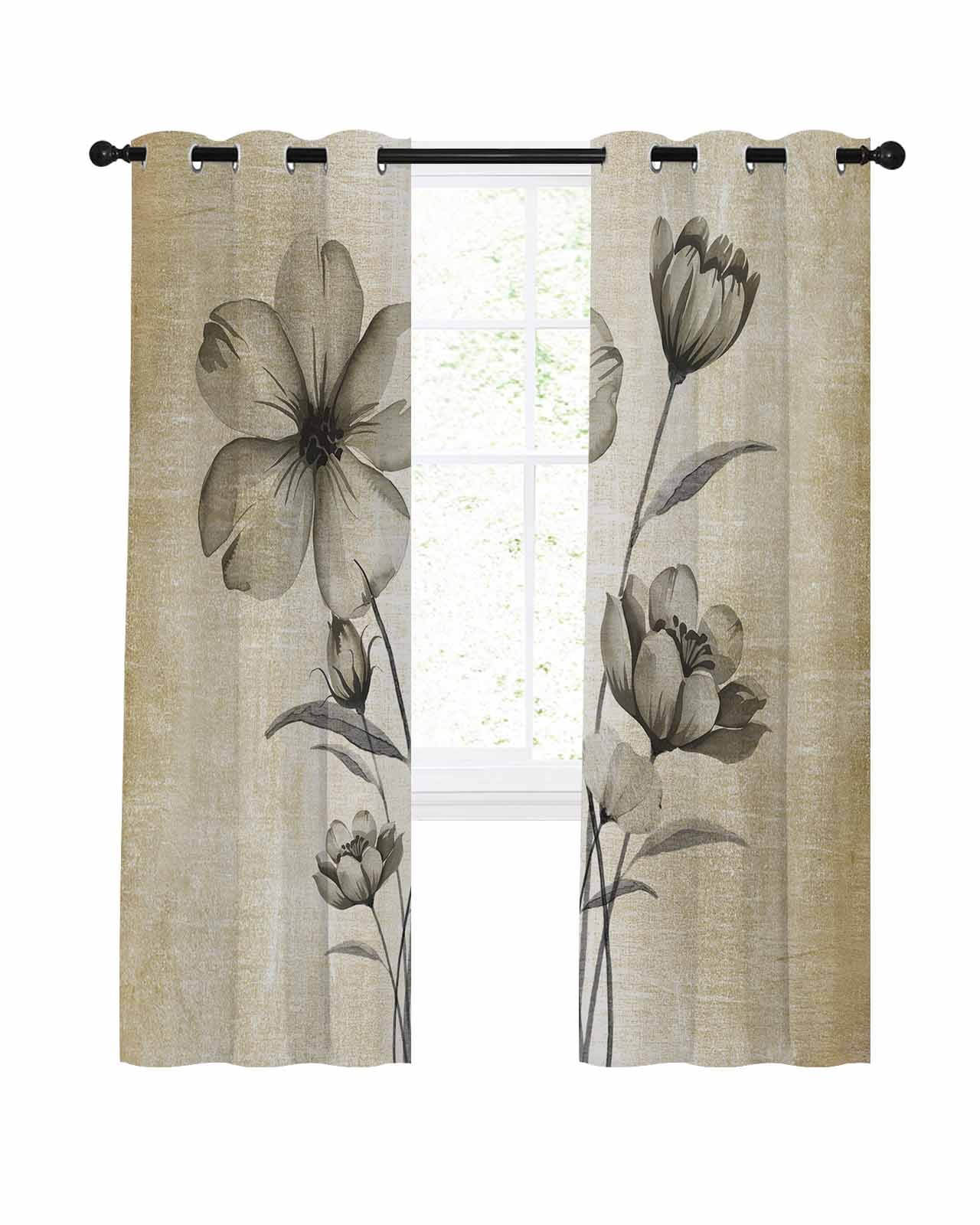 Brown Tan Tulip Buds Blackout Curtains 72 Inches Length, Botanical