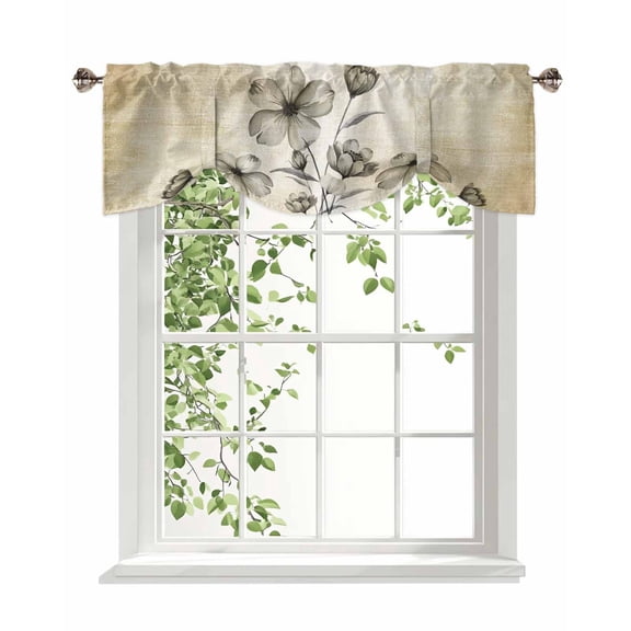 Brown Tan Tulip Buds Tie Up Valances Curtain, Adjustable Kitchen Botanical Floral Rustic Retro Farm Valances for Windows Decor, Rod Pocket Short Curtains Set for Bedroom/Bathroom, 42"x12"