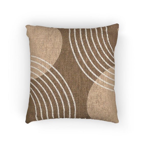 Brown, Tan and Cream Abstract Circles and Curved Lines Decorative Woven Pillow, Cotton-Poly Shell