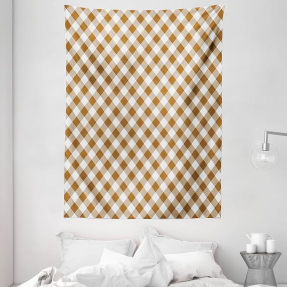 Brown Tapestry, Texture of Tartan Cloth Pattern Geometric Design Decorations for Home Theme Print, Wall Hanging for Bedroom Living Room Dorm Decor, 60W X 80L Inches, Brown White, by Ambesonne