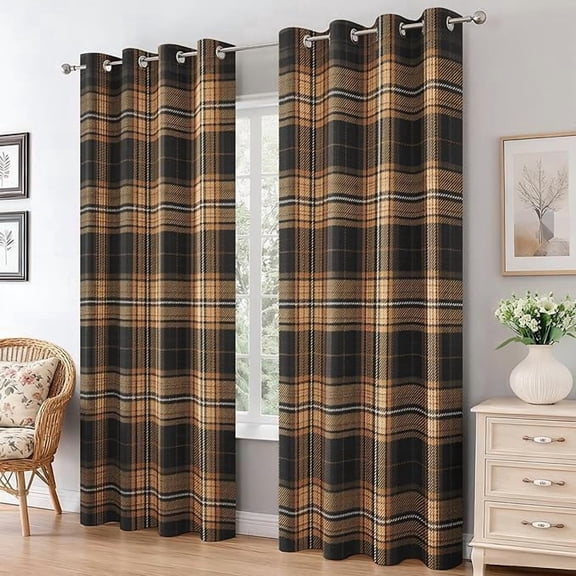 Brown Tartan Curtains for Living Room, Thermal Insulated Rustic Country Plaid Blackout Curtains, Grommet Drapes, Modern Gingham Bedroom Decor 53"W x 96"L