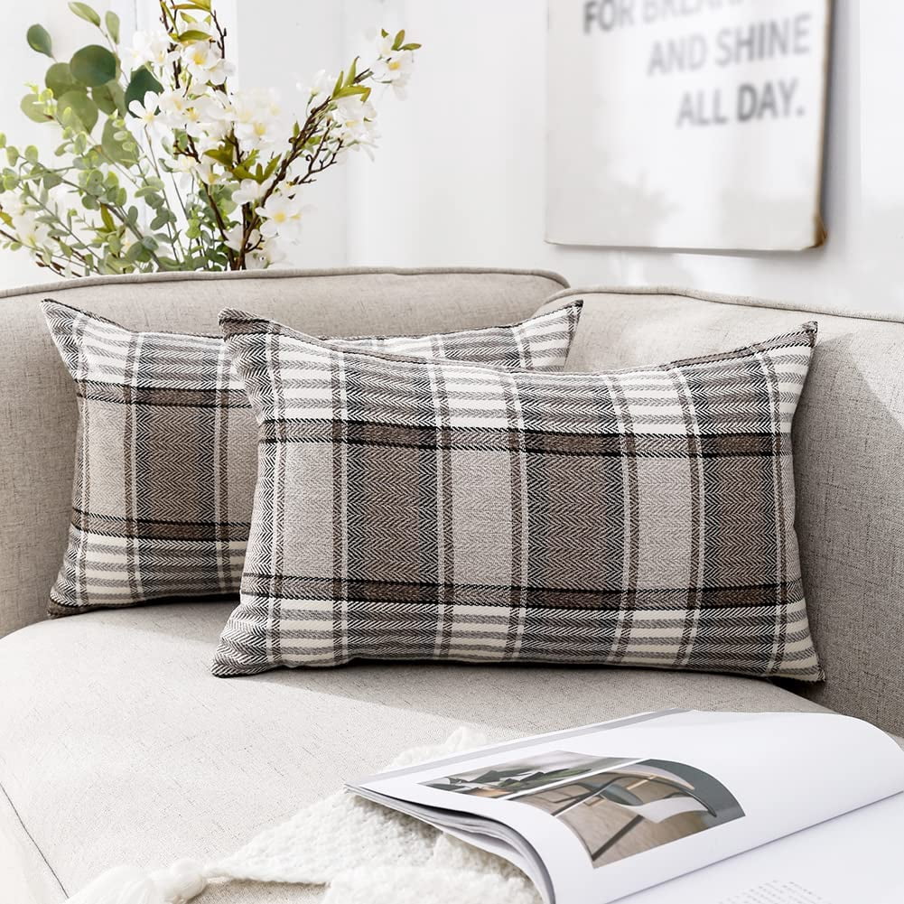 Brown Tartan Plaid Lumbar Pillow Cover 12x20 Set of 2 Farmhouse Buffalo Plaid Brown Striped Lumbar Throw Pillow Cover for Living Room Couch Sofa