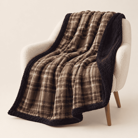 Brown Tartan Plaid Sherpa Throw Blanket, 50x60 Inch Soft Flannel Lambswool Fleece