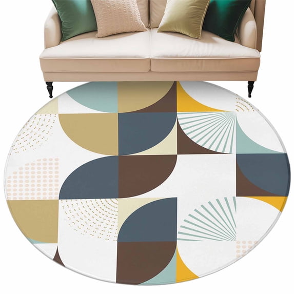 Brown Teal Beige Geometric Large Area Rugs for Bedroom Living Room, Soft Non Slip Carpet Bedside Rug, Middle Century Modern Abstract Art Round Floor Cover Kitchen Accent Rug 7' for Dining Room/Office