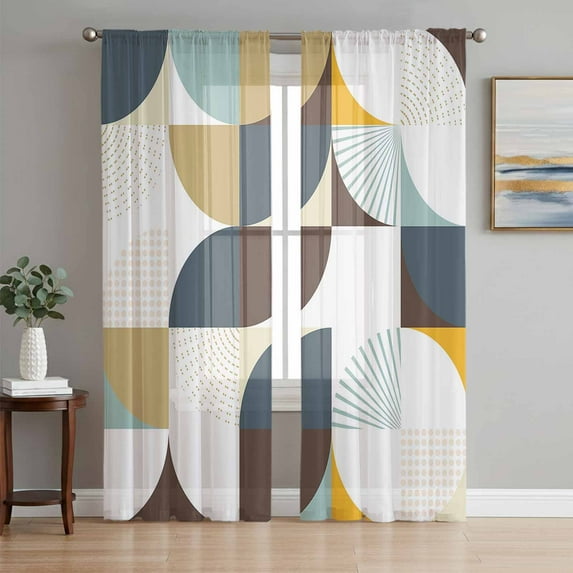 Brown Teal Beige Geometric Semi Sheer Curtains 108 Inch Length 2 Panels Set,Middle Century Modern Abstract Art Sheer Kitchen Curtain Privacy Window Curtain for Living Room Bedroom Rod Pocket Drapes