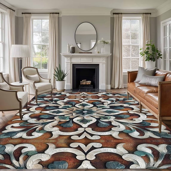 Brown Teal Boho Area Rug 6x9 FT, Non Slip Living Room Throw Carpet, Ethnic Rustic Abstract Flowers Washable Soft Large Floor Carpet Non-Shedding Rug for Bedroom Dining Room Play Room