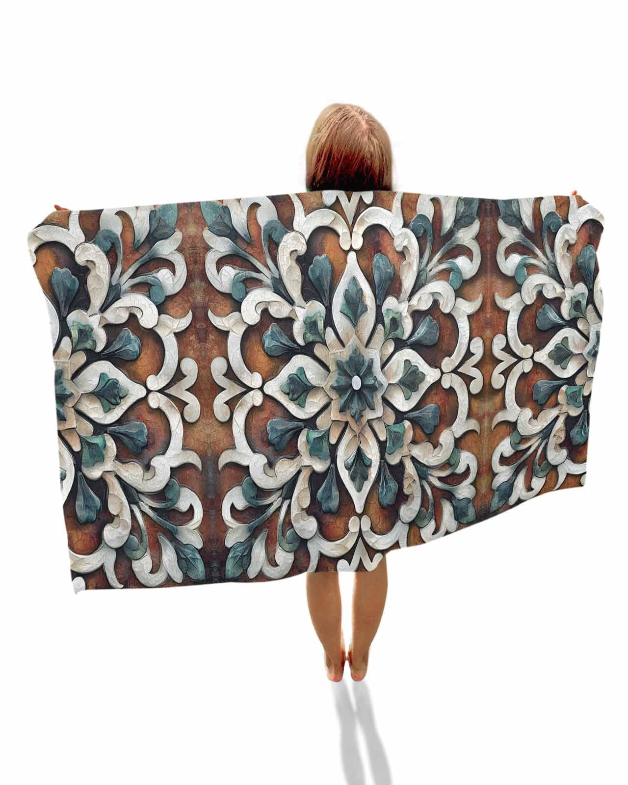 Brown Teal Boho Beach Towels Oversized Super Absorbent, Ethnic Rustic Abstract Flowers Lightweight Bath Towel Quick Dry Sets For Bathroom/Pool/Rv Camping/Beach Play/Gym Room/Picnic 23"x47"