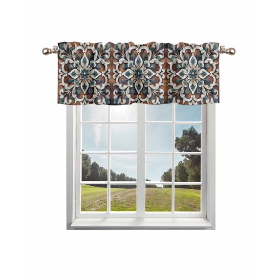 Brown Teal Boho Curtain Valance for Windows/Living Room/Kitchen/Bathroom/Café, Short Rod Pocket Tier Curtain Window Treatment Panel Ethnic Rustic Abstract Flowers Topper Curtain 54''x18''