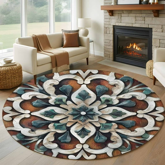 Brown Teal Boho Large Round Rug 8 FT, Non Slip Living Room Area Carpet, Ethnic Rustic Abstract Flowers Washable Soft Circle Rug Non-Shedding Floor Carpet for Bedroom Office Dining Room