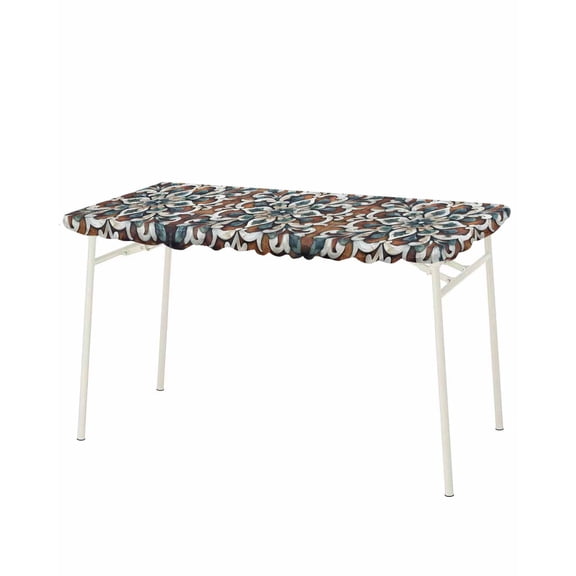 Brown Teal Boho Rectangle Tablecloth, Waterproof Elastic Fitted Table Covers for 8 Foot Tables, 32x96inch Decorative Tablecloths for Picnic, Camping, Indoor, Outdoor, Ethnic Rustic Abstract Flowers