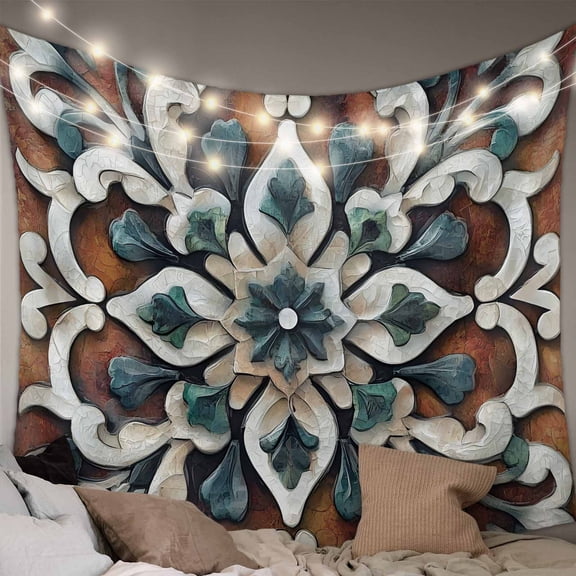 Brown Teal Boho Tapestry for Bedroom Wall Hanging Tapestry, Ethnic Rustic Abstract Flowers Ceiling Backdrop Tapestries Poster Blanket Wall Decor for Teens Room Living Room Dorm 59" x 79"