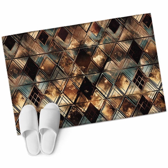 Brown Teal Geometric Bathroom Mat 2x3 FT, Non Slip Small Kitchen Mat, Retro Modern Plaid Abstract Art Washable Soft Backed Front Door Throw Rug Non-Shedding Indoor Outdoor Doormat for Entryway Sink