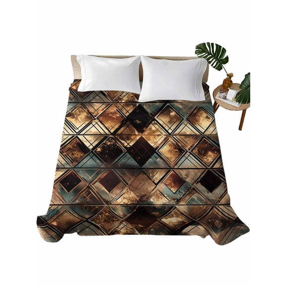 Brown Teal Geometric Flat Sheets Only Twin XL Size, Soft Breathable Bed Top Sheets for Mattress, Retro Modern Plaid Abstract Art Luxury Bedding Flat Sheets for Home Hotel Bedroom Bed Protection