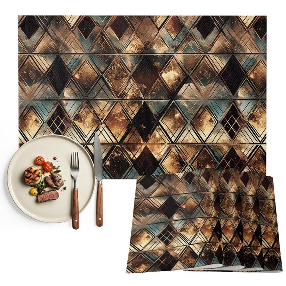 Brown Teal Geometric Placemats Set of 4, Retro Modern Plaid Abstract Art Washable Wipeable Table Mats for Dining Tables, Indoor Outdoor Kitchen Place Mats for Holiday Party Table Decor