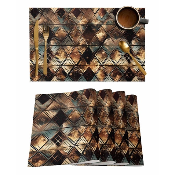 Brown Teal Geometric Placemats Set of 6, Retro Modern Plaid Abstract Art Placemats for Dining Table, Place Mats for Kitchen Tabletop, Waterproof Wipeable Dining Table Mats Set