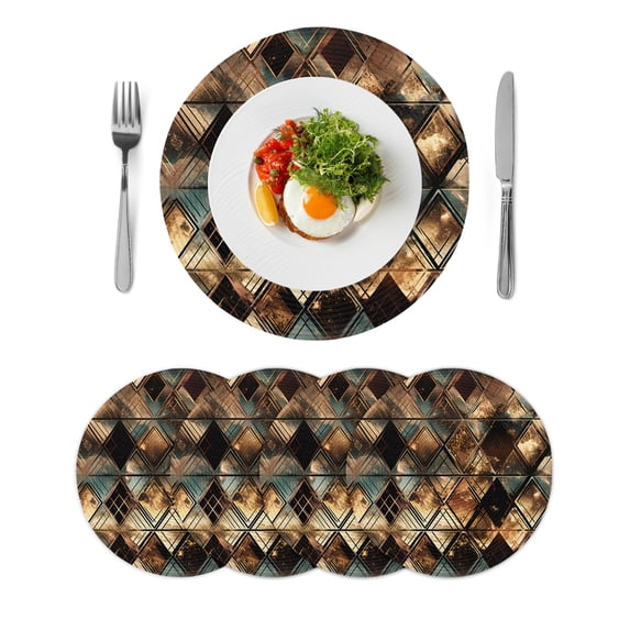 Brown Teal Geometric Round 15 Inch Placemats Set of 4, Retro Modern Plaid Abstract Art HeatResistant Non Slip Place Mats for Dining Table, Wipeable Braided Kitchen Table Mats for Housewarming
