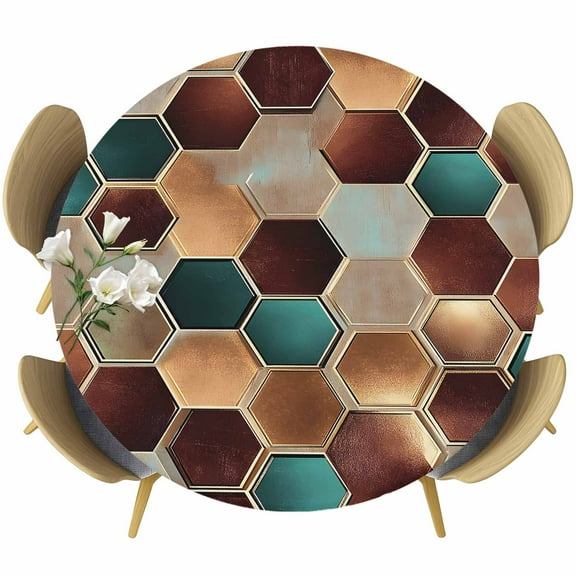 Brown Teal Geometric Round Tablecloth 45-54 Inch Round Fitted Table Cloth with Elastic Edge, Modern Rustic Chic Hexagon Art Waterproof Table Cover Protector for Outdoor Picnic Party Dining