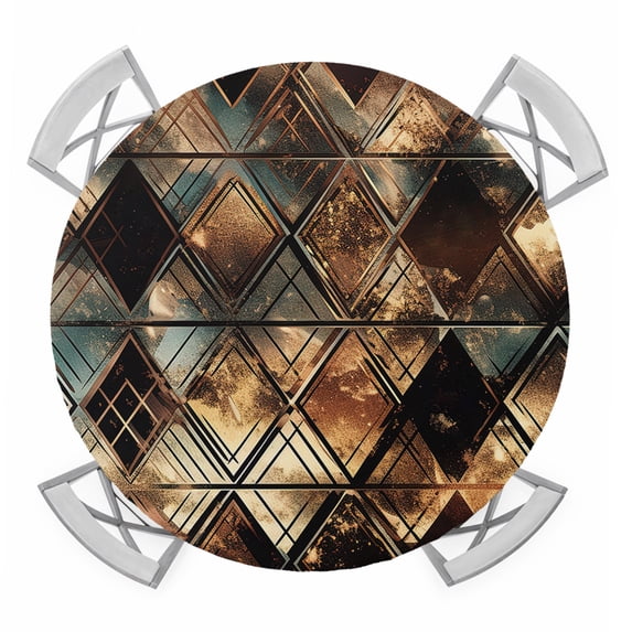 Brown Teal Geometric Round Tablecloth for 55-60 Inch Tables,Fitted Table Cover with Elastic Edge,Retro Modern Plaid Abstract Art Waterproof Outdoor Table Cloth Protector for Patio Garden Dinner