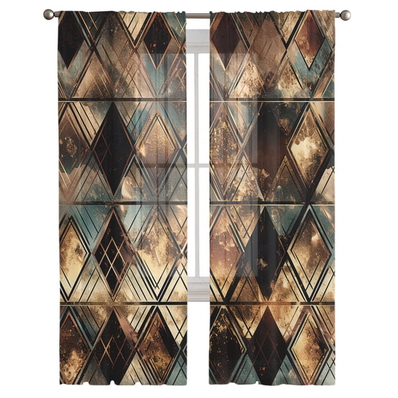 Brown Teal Geometric Semi Sheer Curtains 108 Inch Length 2 Panels Set, Retro Modern Plaid Abstract Art Sheer Kitchen Curtain Privacy Voile Window Curtain for Living Room Bedroom Rod Pocket Drapes