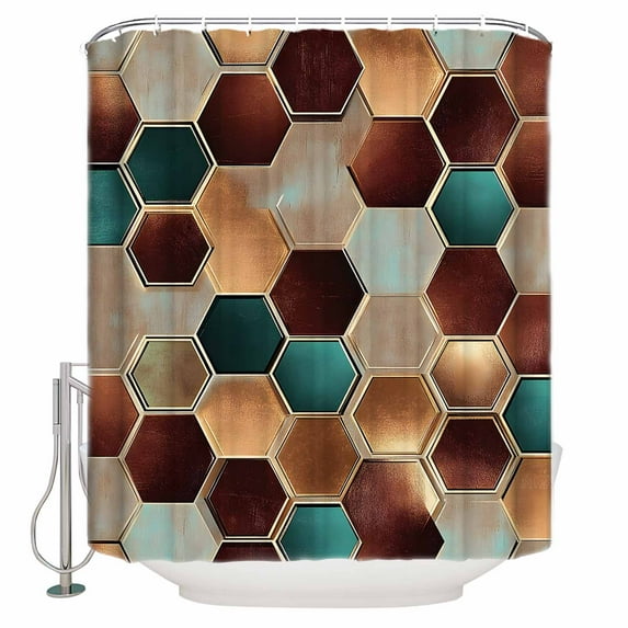 Brown Teal Geometric Shower Curtains for Bathroom Waterproof Fabric Bath Curtains Decor Bath Tub Curtain Modern Rustic Chic Hexagon Art Decorative Shower Curtain Sets with 12 Hooks, 72x72 Inch