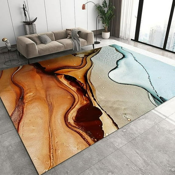 Brown Teal Gradient Marble Area Rug, Retro Watercolor Printed Home Carpet, Washable Breathable Portable Non-slip Rug For Living Room Bedroom Study Dining Room Office 3 x 5ft
