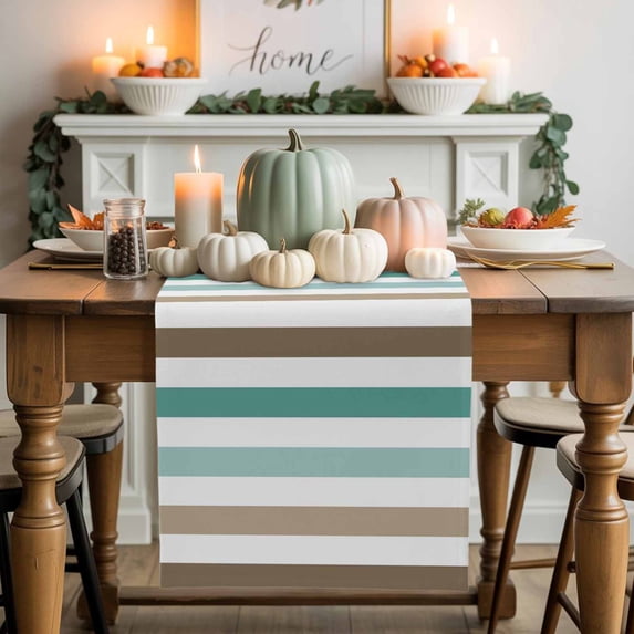 Brown Teal Green White Striped Cotton Linen Table Runner, Washable Table Runners for Kitchen, Dining Room, Holiday, Home Party Table Decor, 13x120 Inches