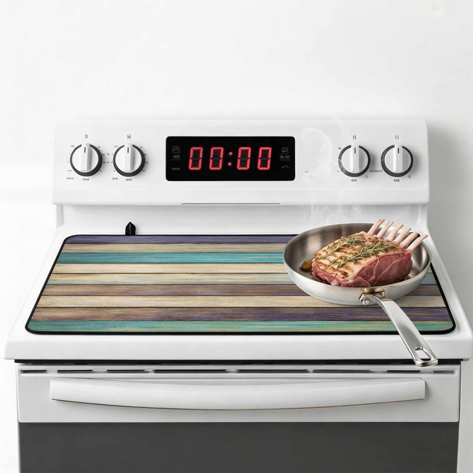 Brown Teal Home Stove Top Cover for Electric Stove, Heat-proof & Non Slip Glass Top Stove Cover Protector, Vintage Farmhouse Retro Wooden Kitchen Flat Cooktop Rubber Mat 24x21 Inches