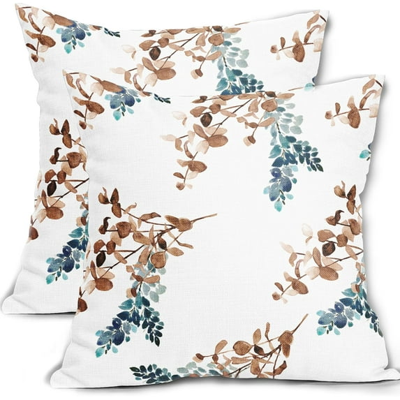 Brown and Teal Leaf Pillow Covers 18x18 Inch Set of 2 Vintage Blue Tan Leaves Pillow Covers Modern Outdoor Pillowscase Linen Square Cushion Covers for Sofa Couch Bedroom Living Room Home Decor