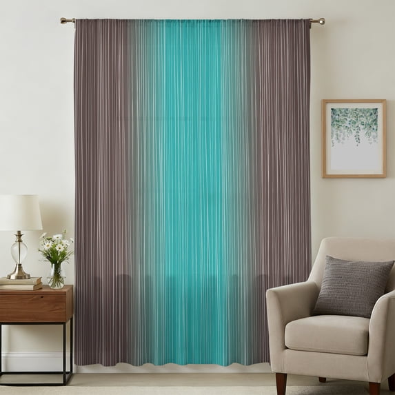 Long Valance Brown Teal Ombre Striped Sheer Curtains 54 Inches Long, Farmhouse ...