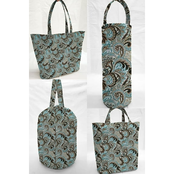 Brown & Teal Paisley Reusable Fabric Gift Bags and/or Tote Bags (Wine Bottle Gift Bag)