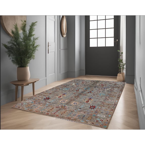 Brown Teal Premium Handwoven Pure Wool Sultani Rug, 5ft 7in x 7ft 9in