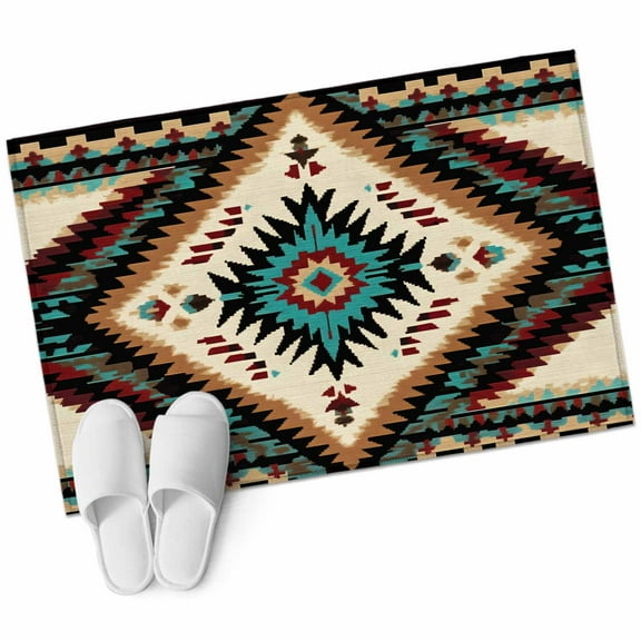 Brown Teal Red Boho Bathroom Mat 2x3 FT, Non Slip Small Kitchen Mat, Southwestern Geometric Art Vintage Washable Soft Backed Front Door Throw Rug Indoor Outdoor Doormat for Entryway Sink