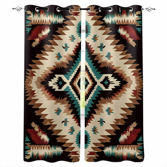 Brown Teal Red Boho Blackout Curtains for Bedroom/Living Room, Thermal Insulated Kitchen Curtains, Southwestern Vintage Geometric Art Grommet Darkening Window Treatment Drapes 52"x84"x2