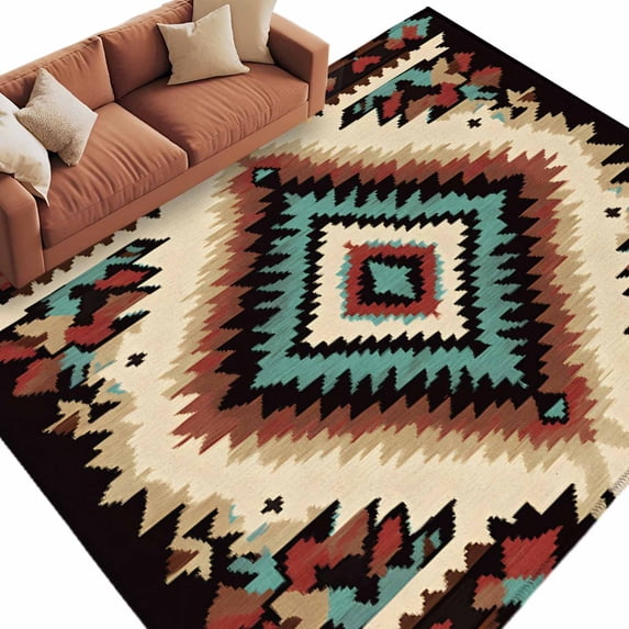 Brown Teal Red Boho Large Area Rugs for Bedroom Living Room, Soft Non Slip Carpet Bedside Rug, Southwestern Retro Geometric Abstract Rectangular Floor Cover Kitchen Accent Rug 8'x10' for Office