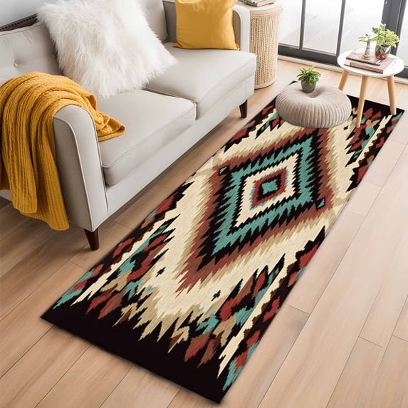 Brown Teal Red Boho Runner Rug 2x6 FT,Non Slip Hallway Rugs,Southwestern Retro Geometric Abstract Washable Soft Floor Carpet Throw Runner Carpet Long Rugs for Entryway Kitchen Bedside Sliding Door