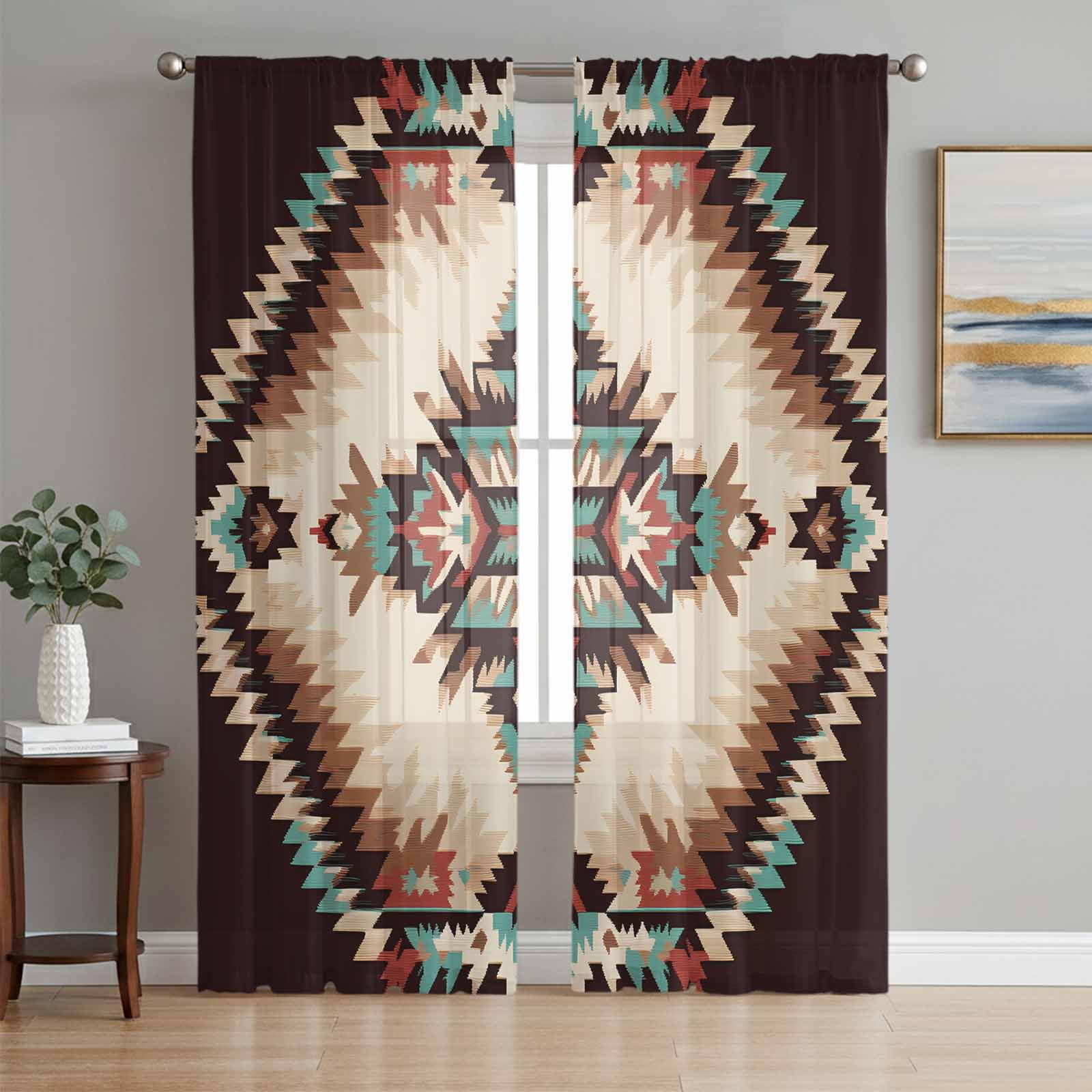 Brown Teal Red Boho Semi Sheer Curtains 63 Inch Length 2 Panels Set ...