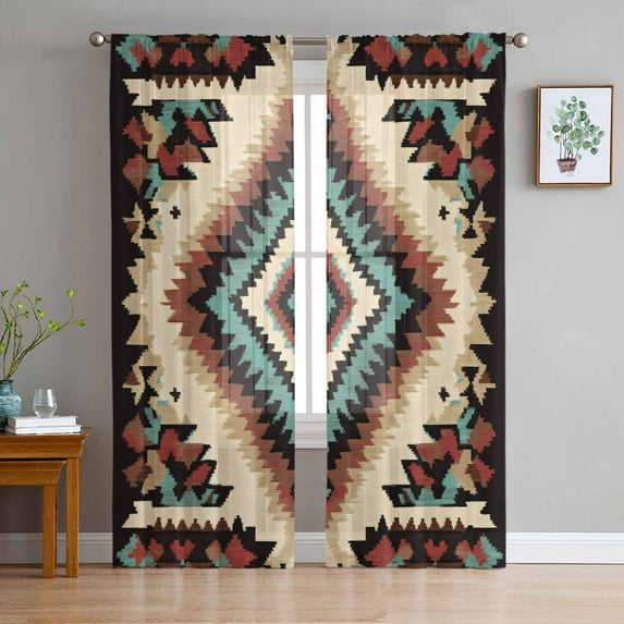 Brown Teal Red Boho Sheer Curtains 96 Inch Length 2 Panels Set for Living Room/Bedroom, Southwestern Retro Geometric Abstract Semi Curtain Sheers Drapes Rod Pocket Window Curtains 52''x96''x2