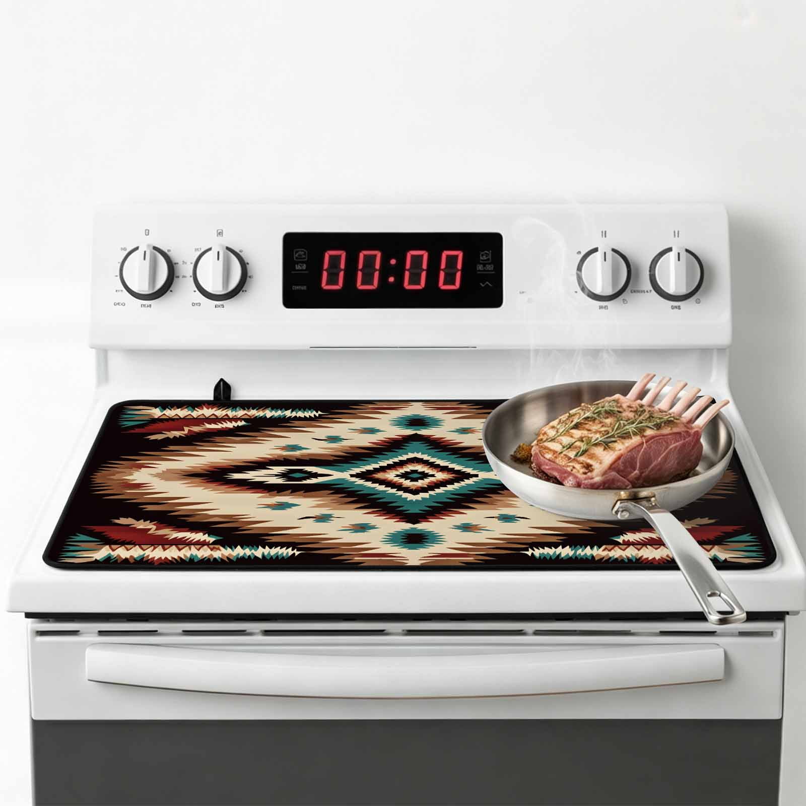 Brown Teal Red Boho Stove Top Cover for Electric Stove, Heat-proof & Non Slip Glass Top Stove Cover Protector, Southwestern Vintage Geometric Art Kitchen Flat Cooktop Rubber Mat 24x21 Inches