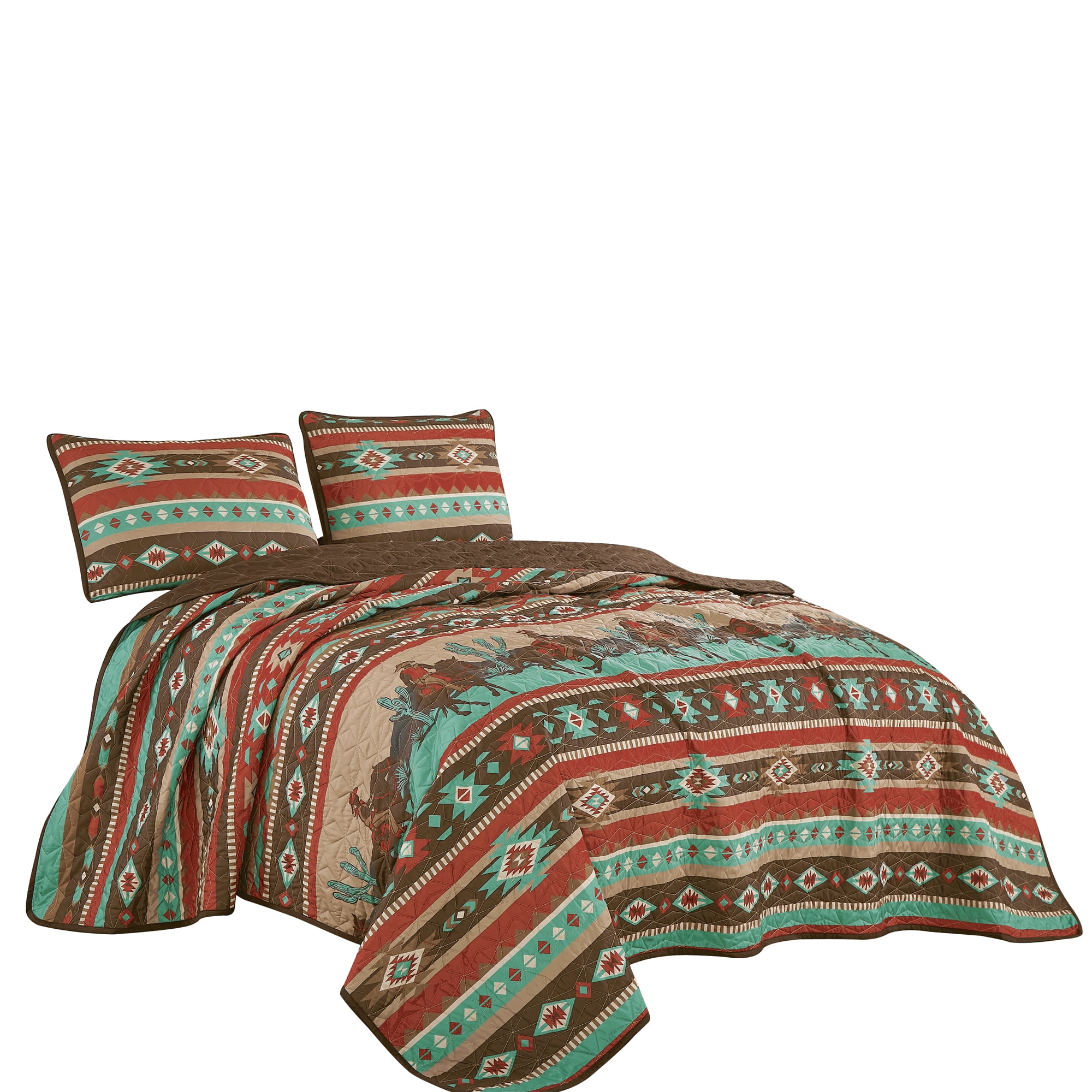 Brown, Teal & Red Cowboy Southwestern Pattern 3-Piece Reversible Bedspread Set,King