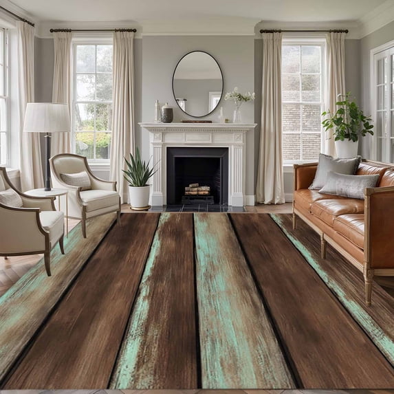 Brown Teal Wooden Area Rugs 8'x10', Washable Small Throw Rugs for Living Room Patio, Vintage Farmhouse Retro Art Indoor Outdoor Rug Non-Slip Low Pile Carpet Runner Reversible Floor Mats