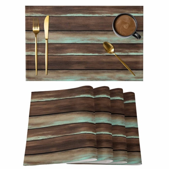 Brown Teal Wooden Placemats Set of 6, Vintage Farmhouse Retro Art Placemats for Dining Table, Place Mats for Kitchen Tabletop, Waterproof Wipeable Dining Table Mats Set