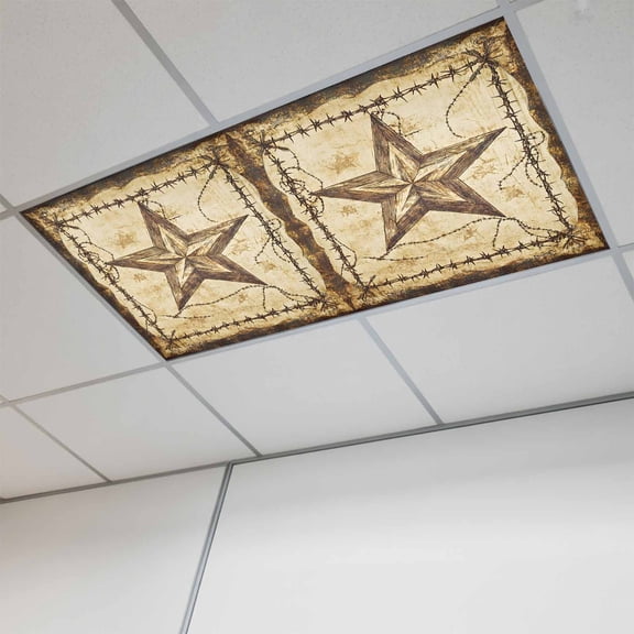 Brown Texas Star Country Fluorescent Light Covers, Western Stars Retro Magnetic Light Covers for Ceiling Lights, Fluorescent Ceiling Shade Filters for Classroom Bedroom Office 4x2Ft x 1PCS