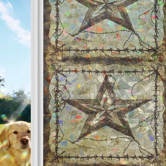 Brown Texas Star Country Window Privacy Film Stain Glass,Reusable Decorative Rainbow Window Film,Western Stars Retro Non-Adhesive Static Cling Sun Blocking Stickers Decals Covers 19.6" x 39.3" (2pcs)