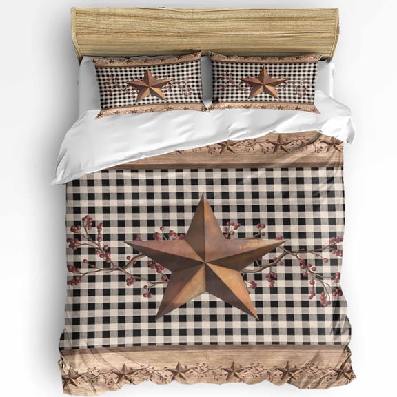 Brown Texas Star Retro Duvet Cover Twin Size, Country Star Buffalo Plaid Wooden Comforter Cover with Zipper Closure, 3 Piece Bedding Sets 1 Duvet Cover 68x90 Inches and 2 Pillow Shams