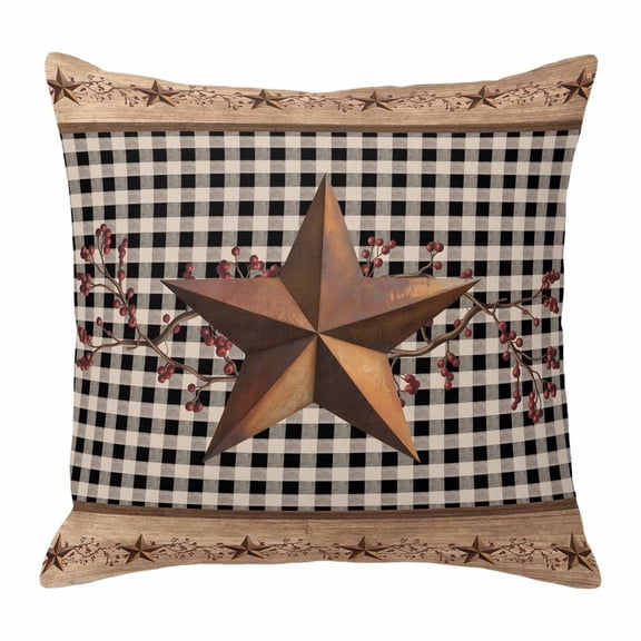 Brown Texas Star Retro Pillow Covers 16x16 Inch, Country Star Buffalo Plaid Wooden Linen Pillowcase with Invisible Zipper, Decorative Throw Pillow Covers Cushion Case for Couch Sofa Bed Living Room